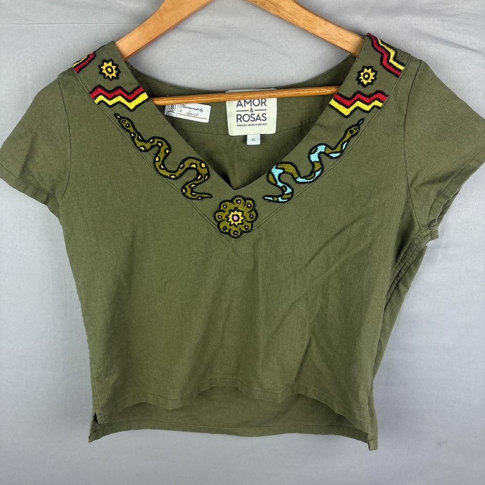 Amor & Rosas Cropped Womens XS Shirt Linen Blend Embroidered Snake Boho Mexico
